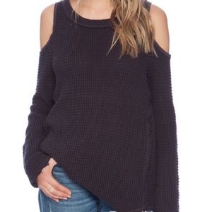 Free People Navy Distressed Cold Shoulder Sweater